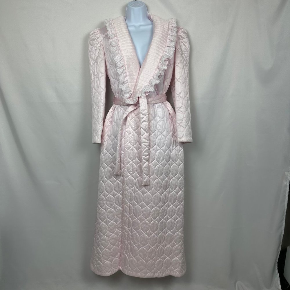 Vintage Ashley Ames Pink Quilted Satin Wrap Robe  Sz Small Tie Front 1960's USA